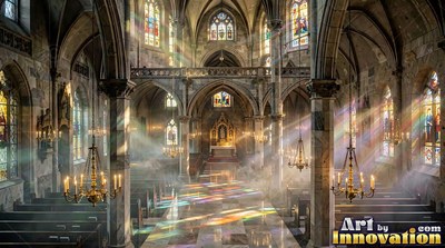Viewed from high above, a cathedral nave fills with soft mist and colored light