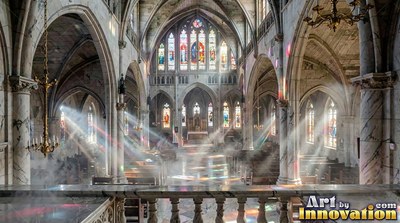In a tall stone cathedral, white mist drifts across marble floors under sunbeams