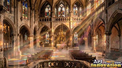 Pouring through high windows, bright sunlight cuts across a cathedral with stone walls with empty pews