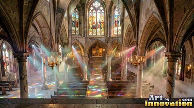 Sunlight through stained-glass panels fills a cathedral with colorful beams