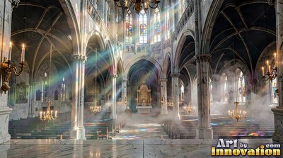 Rainbow light pours through tall windows into a misty cathedral aisle