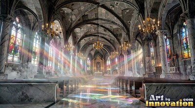 A cathedral with stone walls fills with mist as rainbow beams of sunlight cross the nave