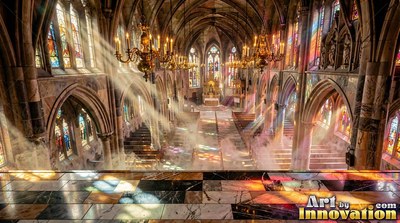 Looking down from a high balcony into a sunlit cathedral with hazy air