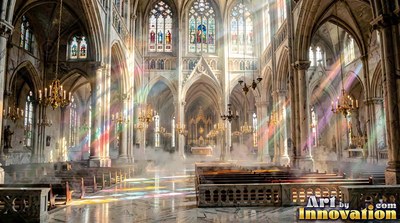 Sunlight streams through stained glass into a cathedral with stone arches and pews