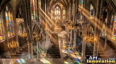 Shining through tall windows, sunlight cuts across a misty stone cathedral nave