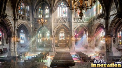 Tall stone arches frame wooden pews in a sunlit cathedral filled with soft mist