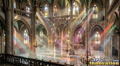 Viewed from above, light beams fall through a cathedral with marble arches