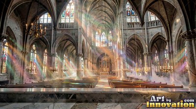 Rainbow sunlight cuts through the haze inside an empty stone cathedral