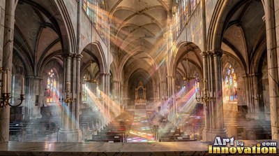 Inside a cathedral with stone walls, colored sunbeams shine down on empty wooden pews