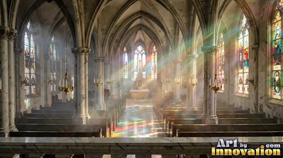 A cathedral interior with colorful light shining across pews