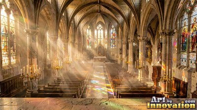 Sunbeams cut through hazy air over wooden pews inside a cathedral aisle