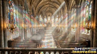 A cathedral fills with bright sunlight rays, casting rainbow patches on the stone floor