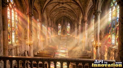 Sunlight shines through stained glass windows into an empty stone cathedral aisle