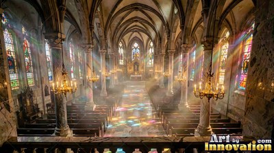 In a cathedral with stone walls, colored light shines past chandeliers onto rows of pews
