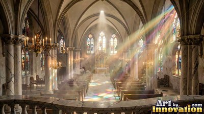 Beaming through tall windows, colorful sunlight cuts across misty pews in a cathedral