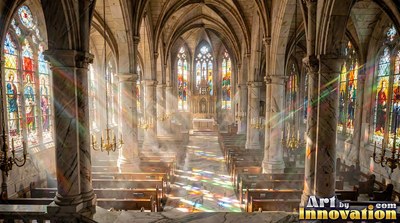 A stone cathedral fills with misty sunlight shining through colorful stained glass windows