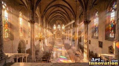 Sunlight streams through stained glass into a misty stone cathedral