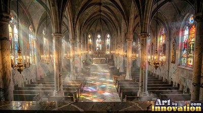 In a misty tall stone cathedral, rows of empty wooden pews sit under sunbeams