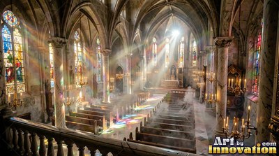 Shining through colored glass, bright sunbeams light empty cathedral pews in haze