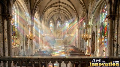 A cathedral fills with colored sunlight through misty air across the rows of pews