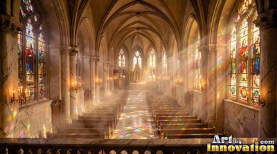 Sunlight streams through colored glass windows into a hazy stone cathedral aisle