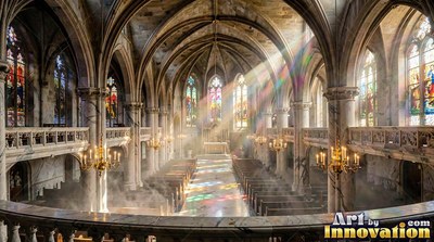 Filling with white mist, a cathedral with stone walls catches bright sunlight through colored glass