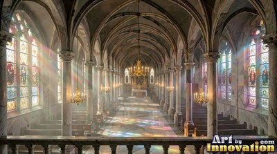 Cathedral aisle with sunlight streaming through colored glass