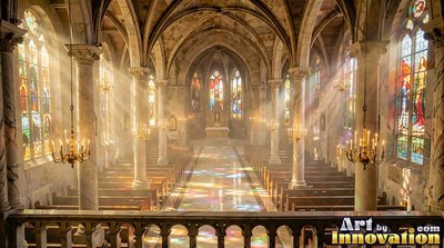 Stone arches frame beams of warm sunlight falling across a cathedral aisle