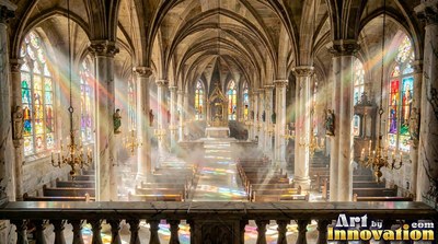A stone cathedral fills with mist as rainbow beams of light cut across the wooden pews