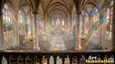Seen from above the balcony, a cathedral aisle fills with rainbow light beam streaks