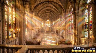 Sunlight streams through stained-glass windows into a stone cathedral full of mist