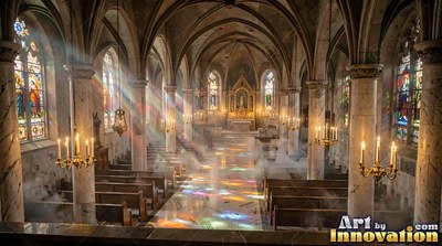 Inside a cathedral, colored sunlight filters on a misty aisle