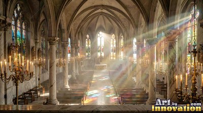 Streaming through tall windows, bright sunlight fills a cathedral aisle with colored rays