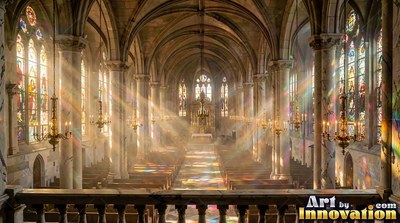 Bright beams of yellow light shine across stone pillars in a tall stone cathedral aisle