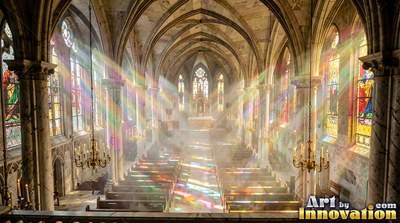 A stone cathedral fills with white mist as rainbow sunbeams shine across the pews