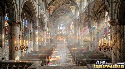 Seen from above, a cathedral aisle fills with sunbeams and soft haze