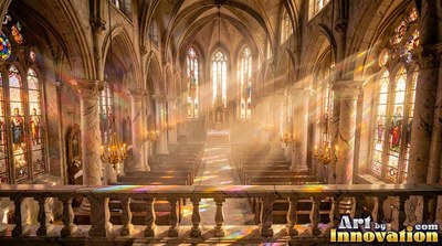 Bright morning light streams through cathedral windows onto wooden pews