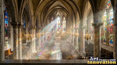 Shining through tall windows, bright sunlight cuts across a cathedral aisle