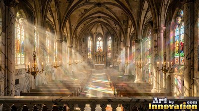 Bright sunlight streams through stained glass windows into a stone cathedral aisle