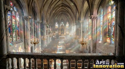 Viewed from a high balcony, sunlight cuts across a tall stone cathedral aisle