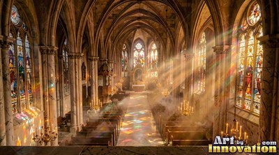 Sunlight streams through tall cathedral windows over stone floors and wooden pews