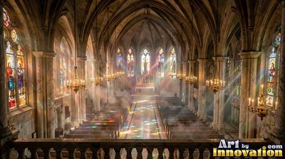 In a tall stone cathedral, sunlight shines through stained glass panes over empty pews