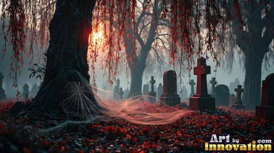 In a misty graveyard, dark tombstones stand under red weeping branches