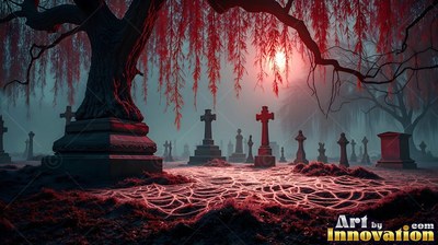 Spreading over a misty graveyard, red willow branches hang above dark tombstones