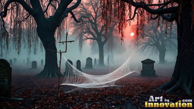 A spider web hangs near tombstones in a misty graveyard at sunset