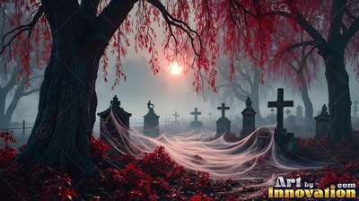 Draped in thick white spiderwebs, dark tombstones rest in a foggy cemetery under red trees