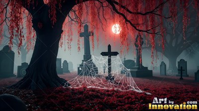 A spider web stretches across a dark graveyard cross beneath red weeping trees