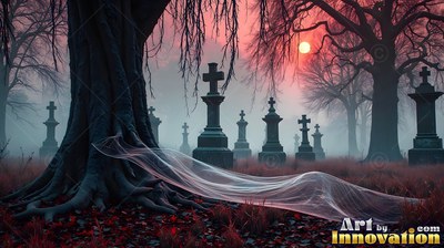Lying flat under a white veil in a foggy cemetery with red sky