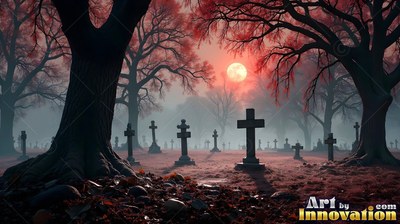 Stone cross tombstones sit in a misty graveyard under a night moon and red trees