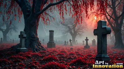In a misty graveyard, stone crosses stand in red grass under bare trees